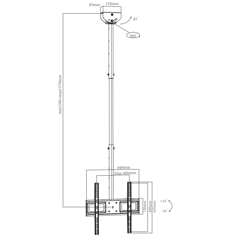 XTRARM Avis 104 - 157 cm - Soporte TV de techo Negro