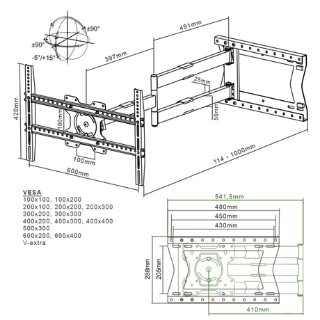 XTRARM Crius 100 cm Rotate VESA 600 - Soporte TV de pared Negro